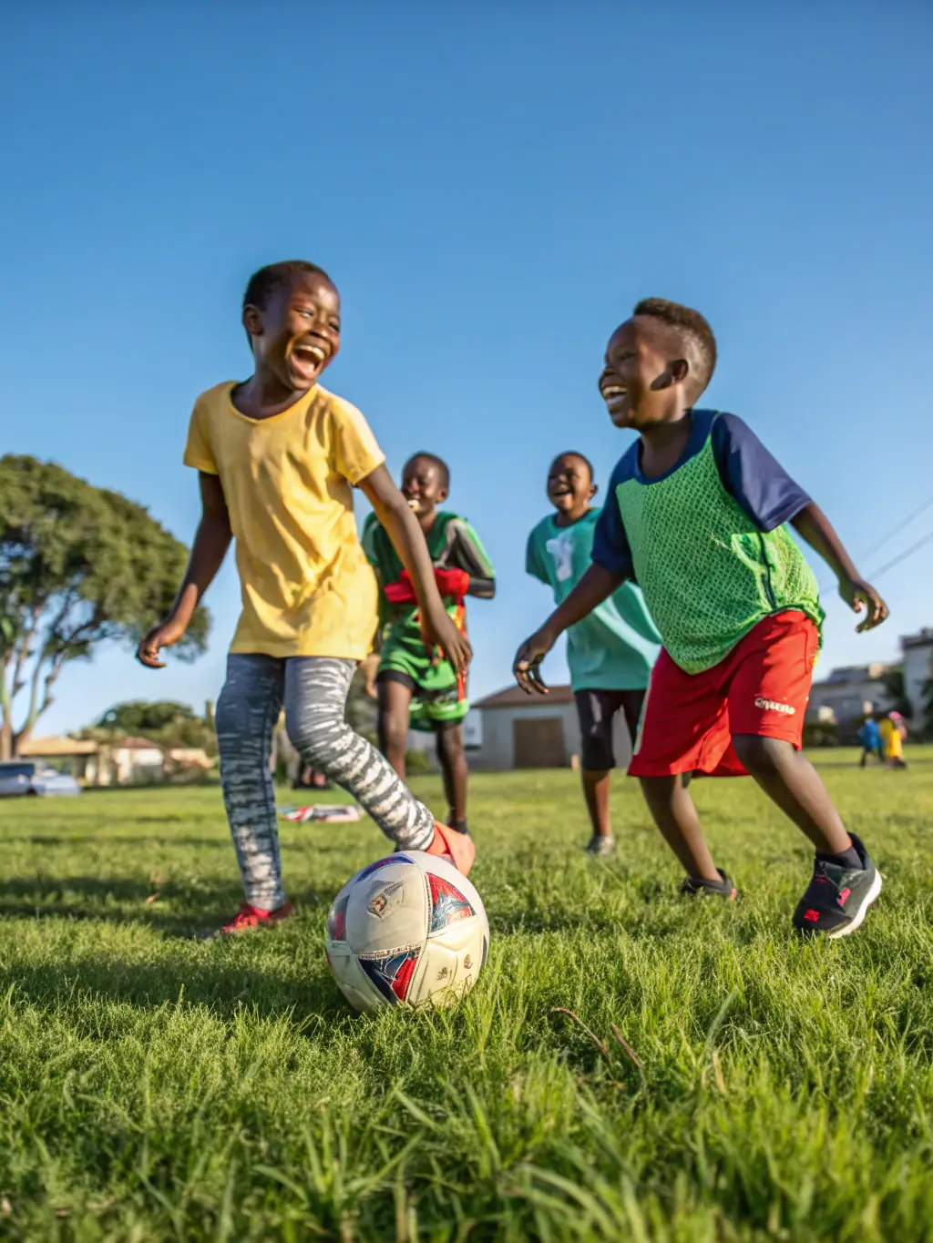 A group of children playing soccer on a sunny field, wearing ESF jerseys, showcasing the community sports program.