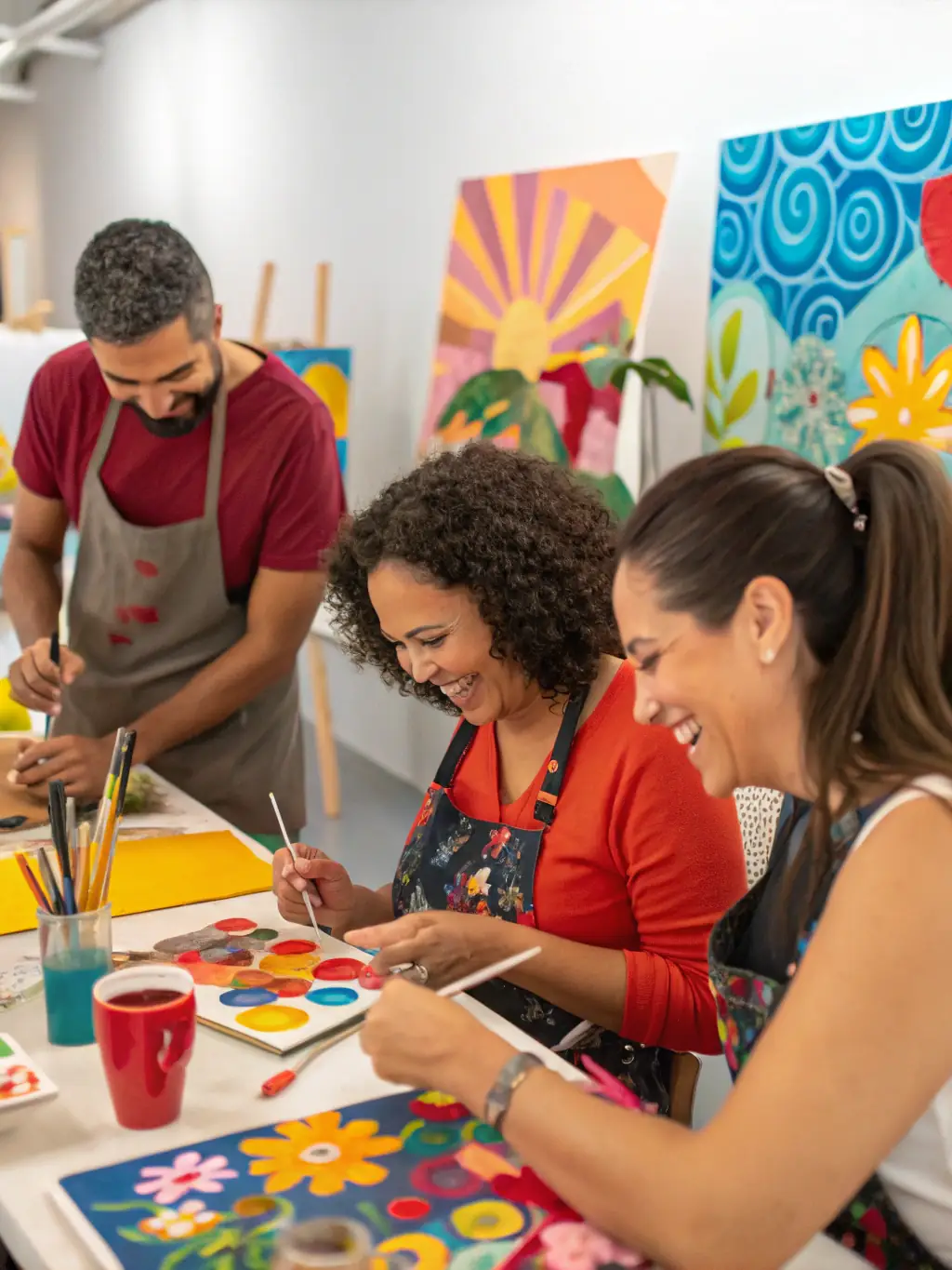 Participants in an art workshop, creating colorful paintings, demonstrating the cultural and leisure activities offered by ESF.