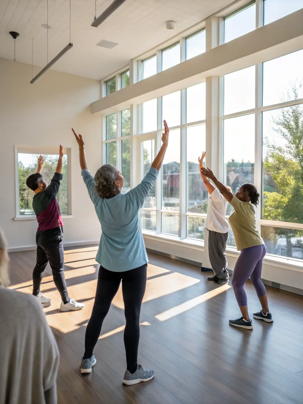 Seniors participating in a gentle exercise class, emphasizing the accessibility of ESF programs for all age groups.