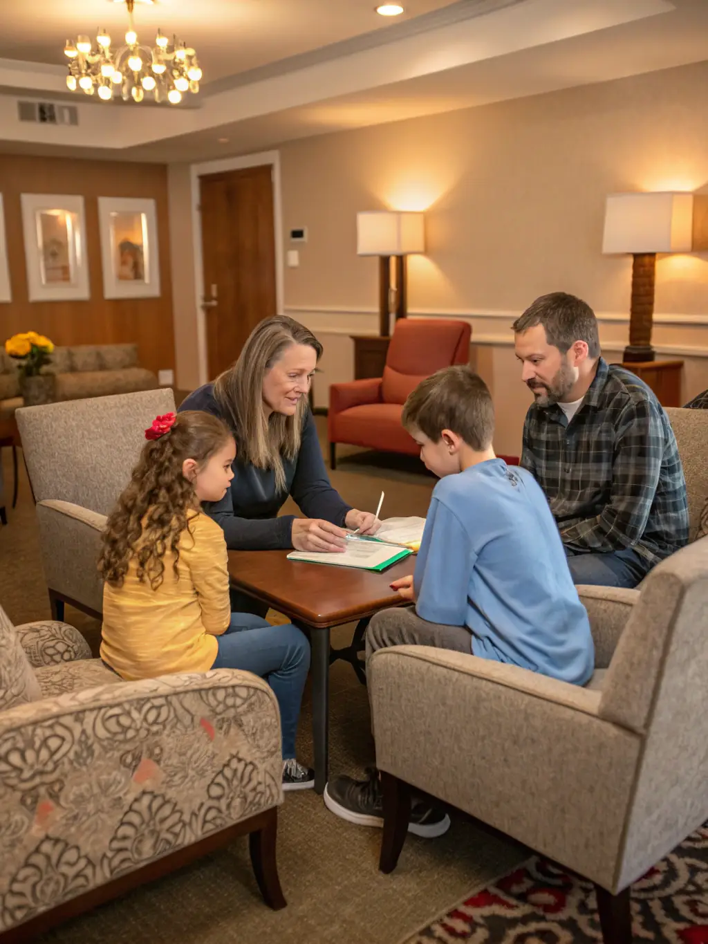 An image of a family participating in a family counseling session, with a counselor facilitating communication and understanding.