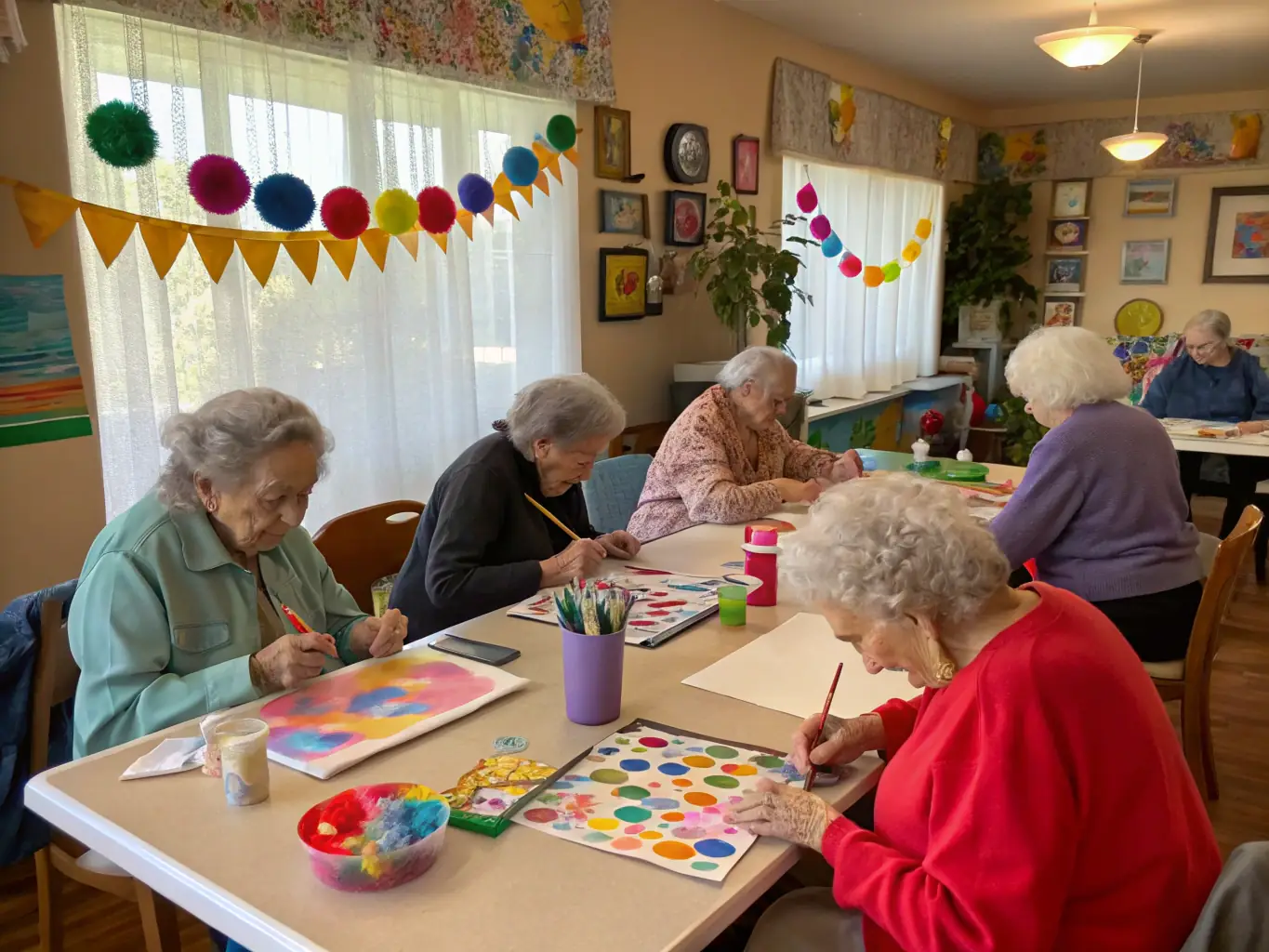 A photograph showcasing residents engaged in a creative arts and crafts activity, fostering social interaction and personal expression at ADEF RESIDENCES INTERNATIONAL.